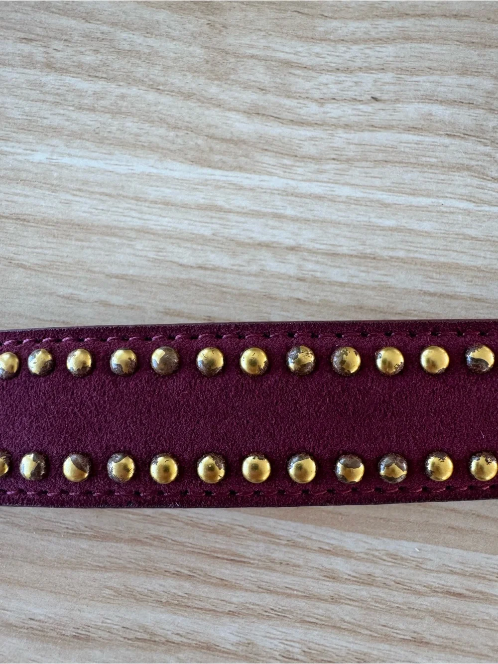 Studded Burgundy Suede Belt with Gold Buckle